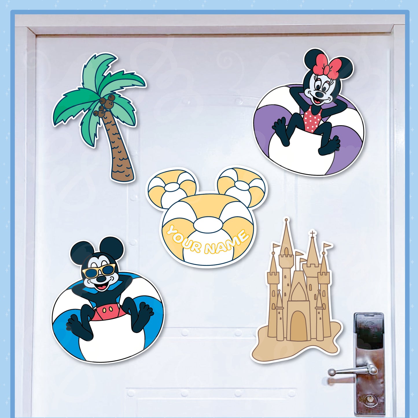 Floaty Friends Disney Cruise Magnets with Custom Tube Names, Palm Trees, Castle, Beach Ball