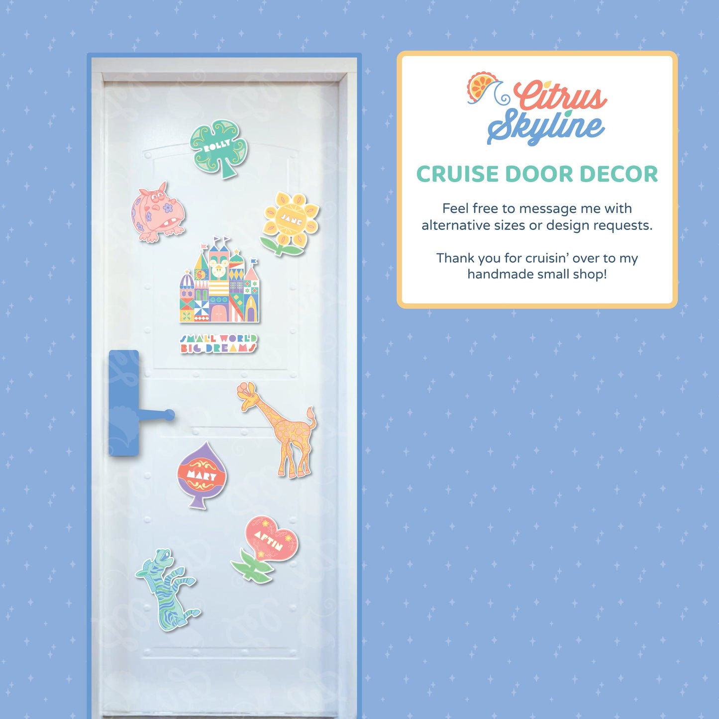 Small World Disney Cruise Magnet Package Theme - Iconic Attraction Cruise, Mary Blair Flowers, Zebra, Hippo, Giraffe